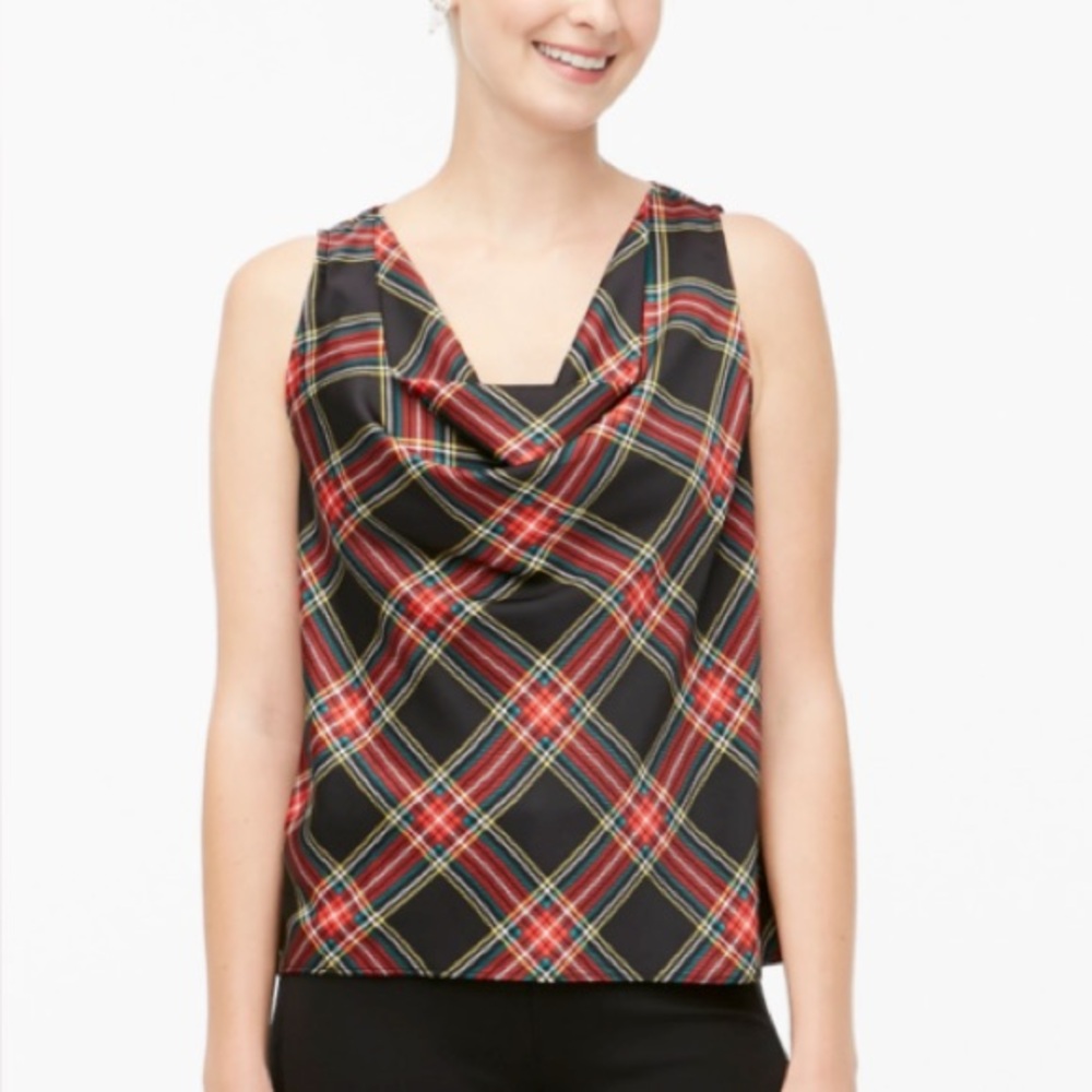 JCrew•holiday red/black tartan plaid sleeveless cowlneck blouse XS EUC